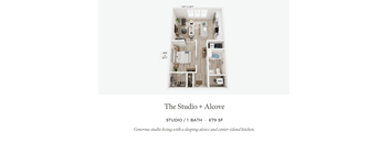 A floor plan of a studio apartment with a sleeping alcove and a center island kitchen.