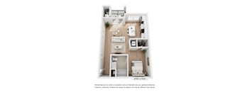 A floor plan of a small apartment with a kitchen, living room, and bathroom.
