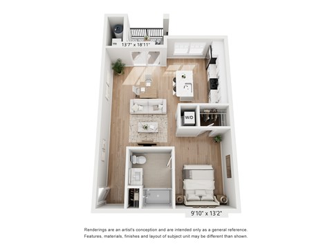 A floor plan of a small apartment with a kitchen, living room, and bathroom.