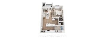 A floor plan of a small apartment with a kitchen, living room, and bedroom.
