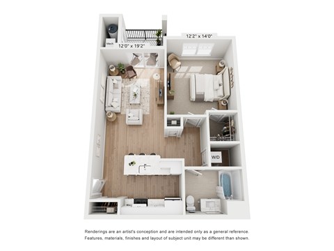 A floor plan of a small apartment with a kitchen, living room, and bedroom.