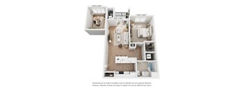 A floor plan of a small apartment with a kitchen, living room, and bathroom.