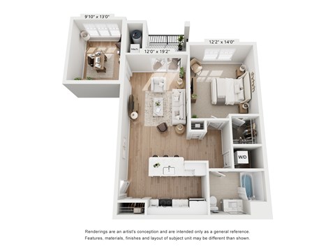 A floor plan of a small apartment with a kitchen, living room, and bathroom.