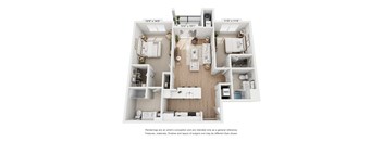 A floor plan of a two-bedroom apartment with a living room, kitchen, and bathroom.