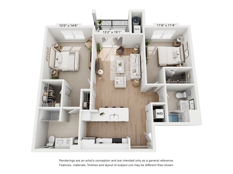 A floor plan of a two-bedroom apartment with a living room, kitchen, and bathroom.