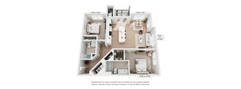 A floor plan of an apartment with a living room, kitchen, and two bedrooms.