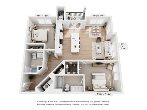 A floor plan of an apartment with a living room, kitchen, and two bedrooms.