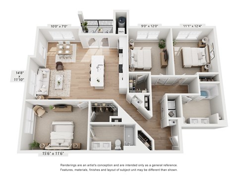 A floor plan of an apartment with dimensions and furniture layout.