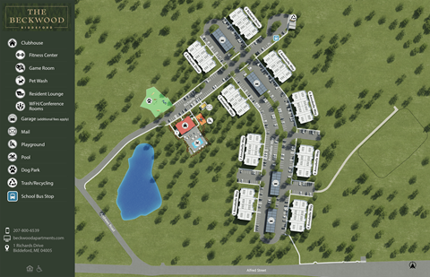A map of The Beckwood community with a blue lake and buildings.