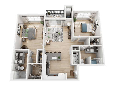 A detailed 3D floor plan of a house layout.