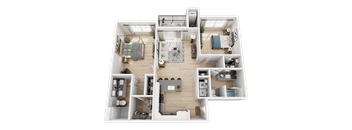 A detailed 3D floor plan of a house layout.