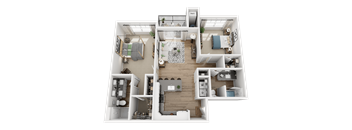 A 3D floor plan of a house with labeled rooms.
