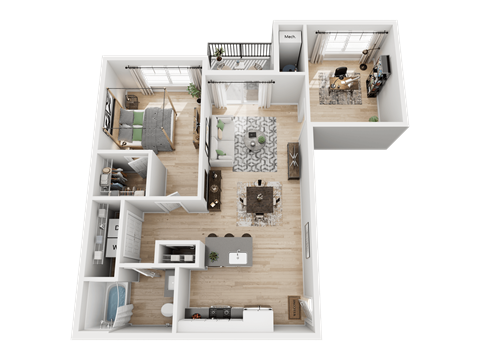 A 3D floor plan of a house showing a kitchen, living room, and two bedrooms.