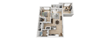 A 3D floor plan of a house showing a kitchen, living room, and two bedrooms.