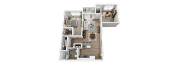 A top-down view of a modern apartment layout with a kitchen, living room, and bedrooms.