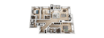 A detailed 3D floor plan of a house showing all rooms and furniture layout.