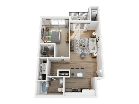 A top-down view of a small apartment layout with a kitchen, living room, and bedroom.