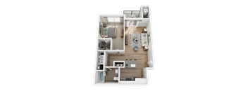 A top-down view of a small apartment layout with a kitchen, living room, and bedroom.
