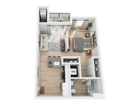 A 3D floor plan of a small apartment with a kitchen, living room, and bathroom.
