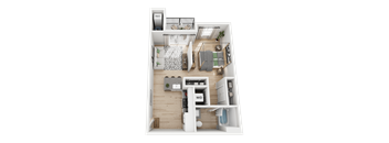 A 3D floor plan of a small apartment with a kitchen, living room, and bathroom.