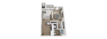 A 3D floor plan of a small apartment with a kitchen, living room, and bathroom.