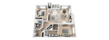 A top-down view of a house layout with a living room, kitchen, and multiple bedrooms.