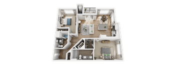 A detailed 3D floor plan of a two-story apartment.