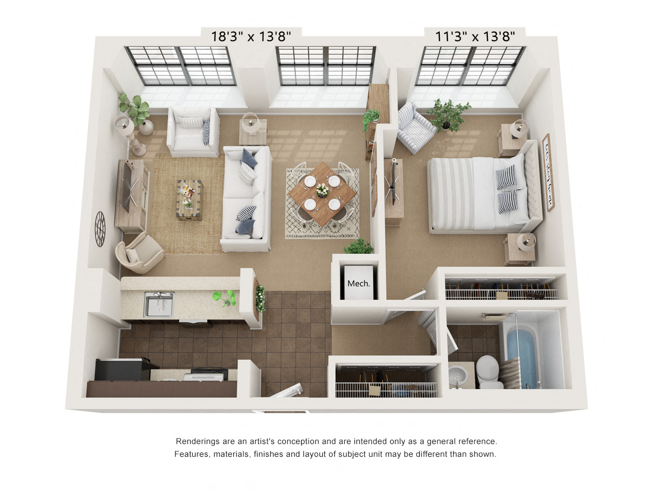1 bed 1 bath VM1a_Flat Floor Plan at Clocktower and Velvet Mill Apartments, Connecticut