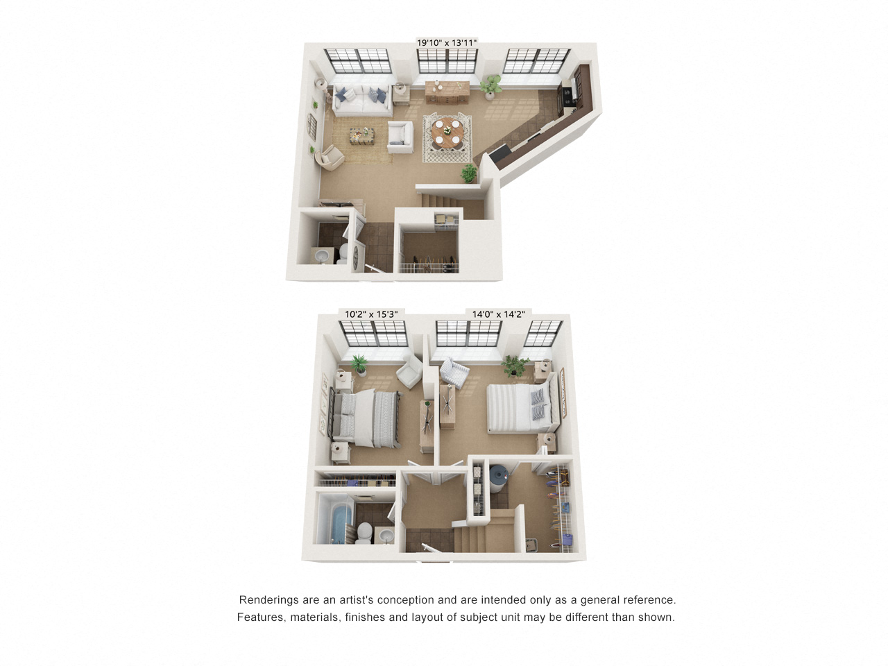 2 bed 2 bath VM2b Floor Plan at Clocktower and Velvet Mill Apartments, Manchester, 06040