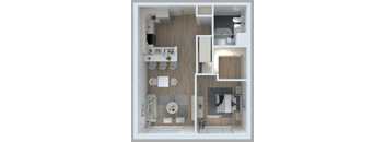 A 3D floor plan of a small apartment with a kitchen, living room, and bathroom.