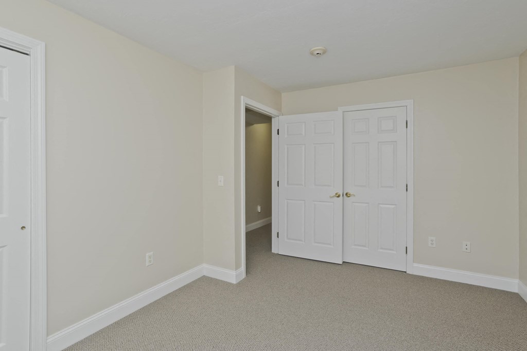 a bedroom with two closets and a door to a hallway