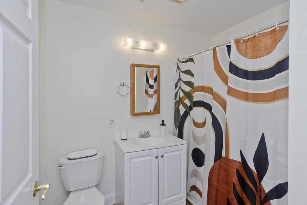 a bathroom with a shower curtain and a toilet and sink
