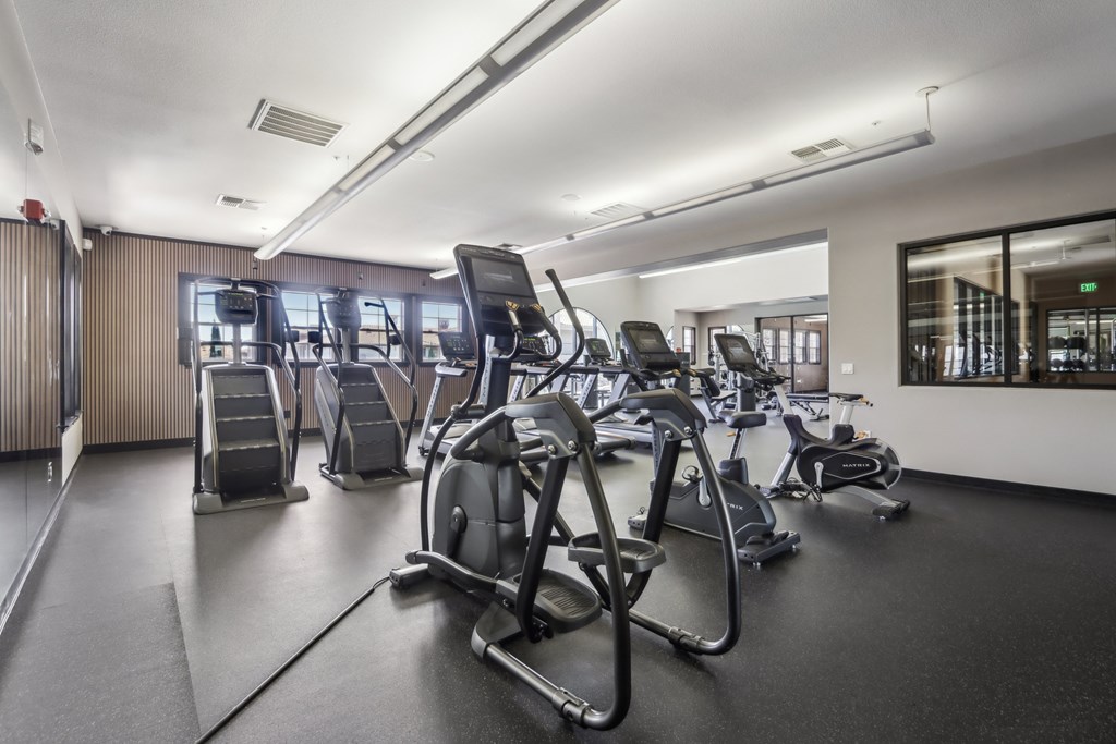 A gym with treadmills and elliptical machines.