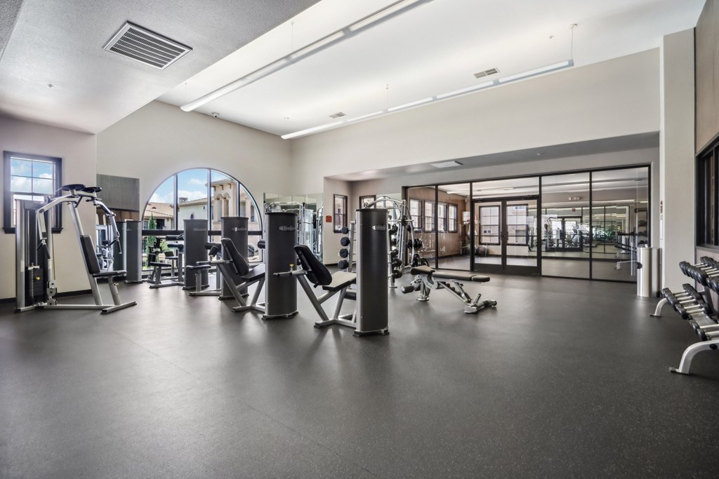 A spacious gym with a variety of equipment.