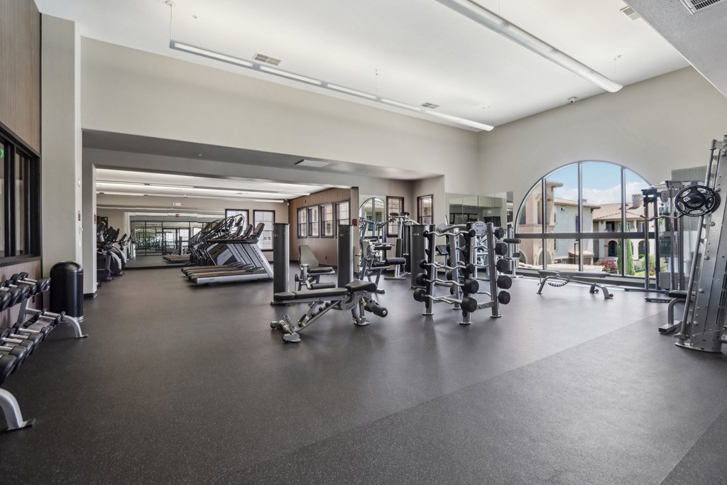 A spacious gym with a variety of equipment.