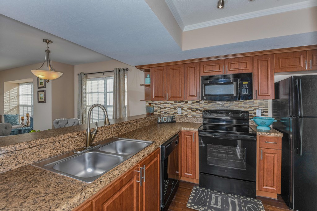Bloomingdale Woods Apartments Valrico Florida Model Apartment Kitchen with Double Sink, Black Appliances, decorative lighting fixtures