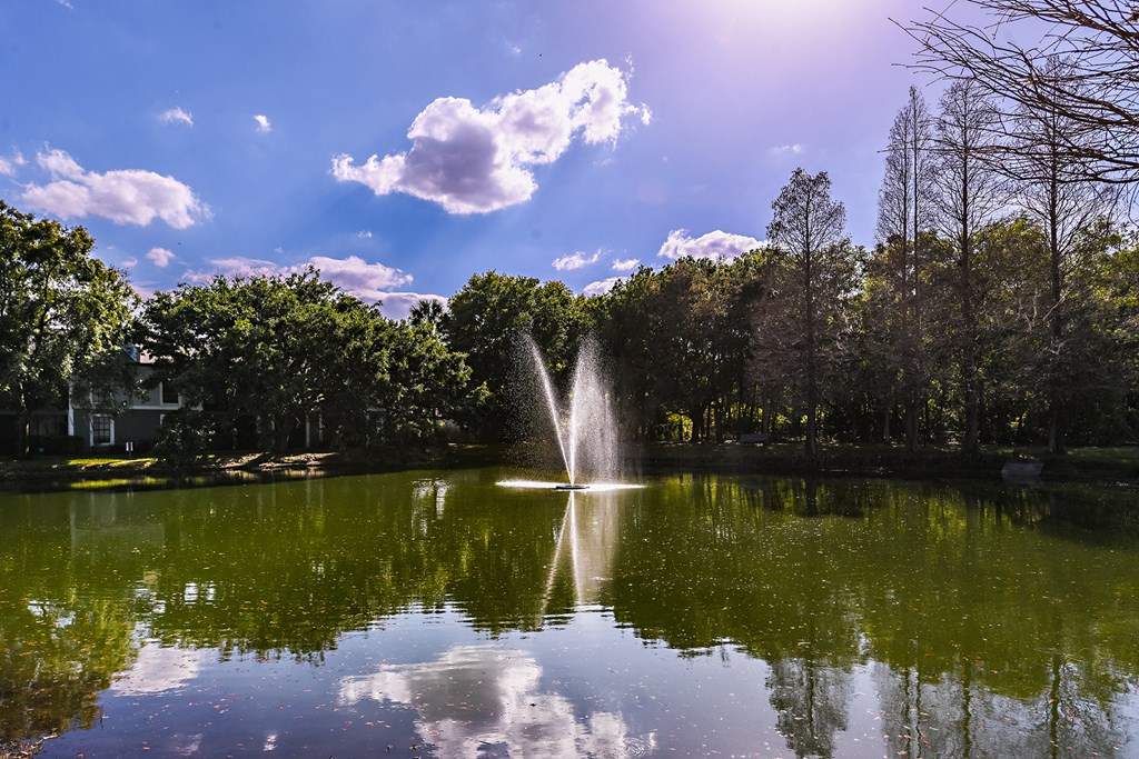 View of Brookside Manor lake and water fountain blasting with the sun shimmering off the lake surface
