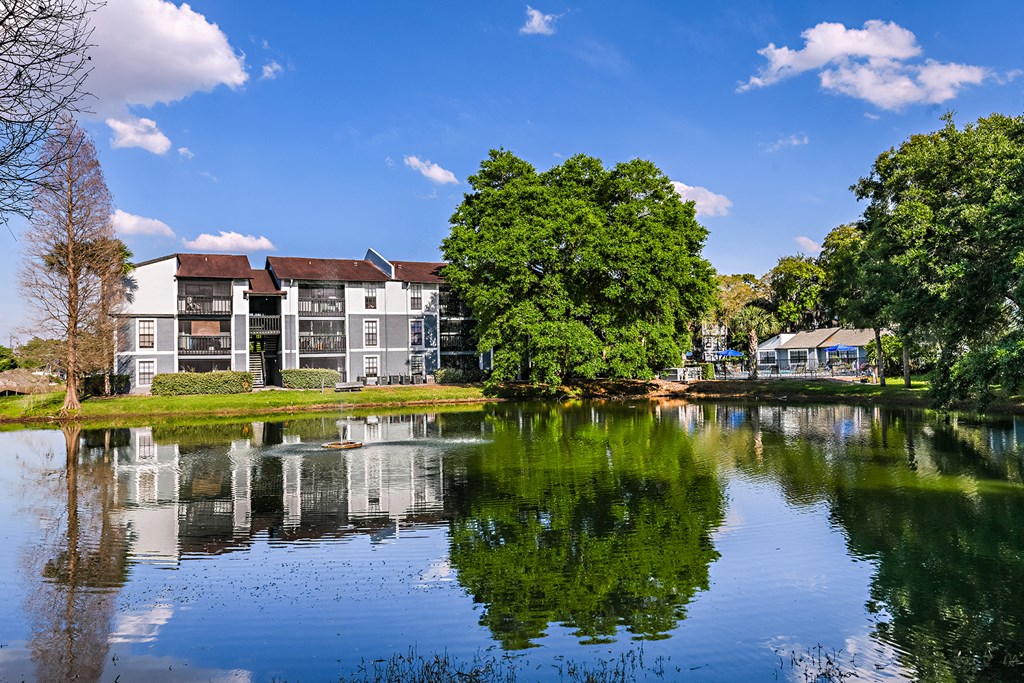 View of Brookside Manor Lake on a beautiful sunny bluebird day