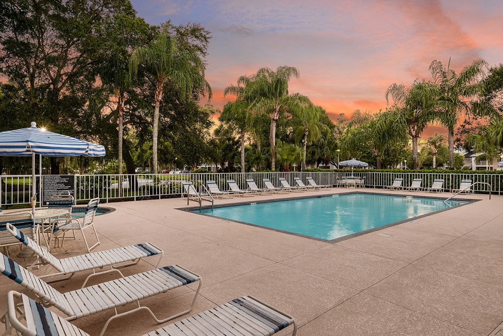 Timber Chase at Sarasota Bay Sarasota Florida Pool Deck with Sunset in Background