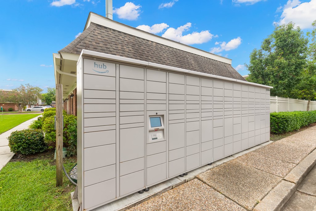 A grey building with the word "hub" on it.