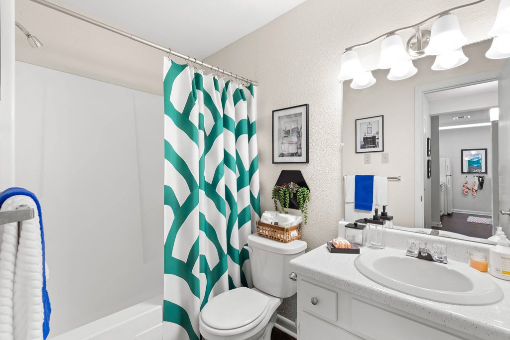a bathroom with a shower curtain and a toilet and a sink
