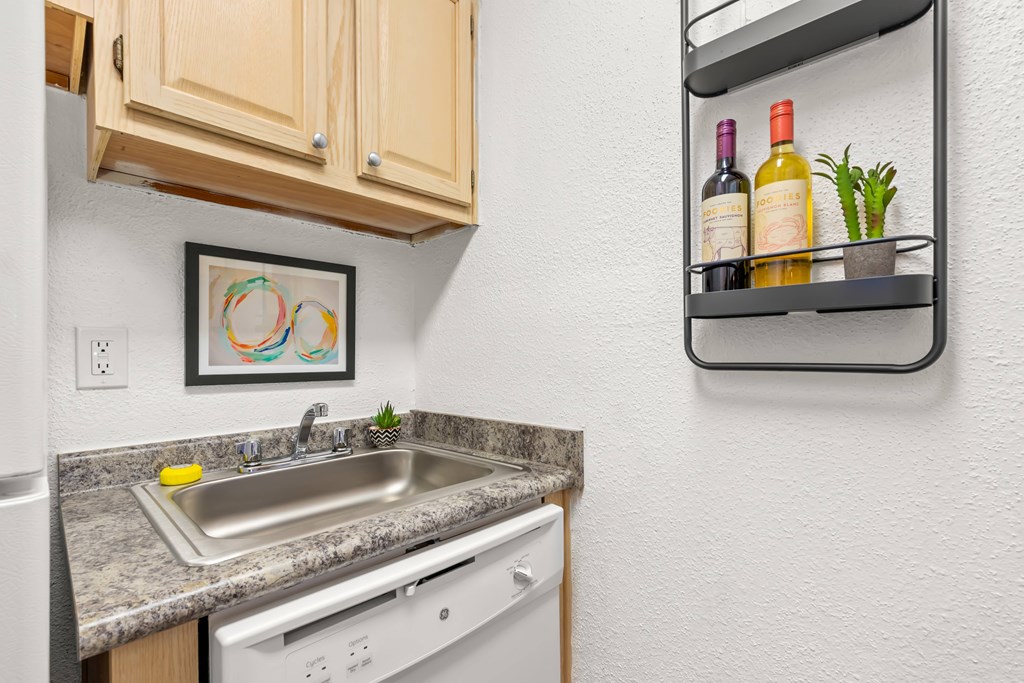 A kitchen with a white dishwasher and a sink with a yellow sponge.