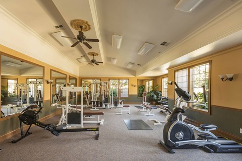 A spacious home gym with a variety of exercise equipment.