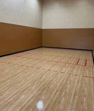 a racquetball court with red lines on the floor