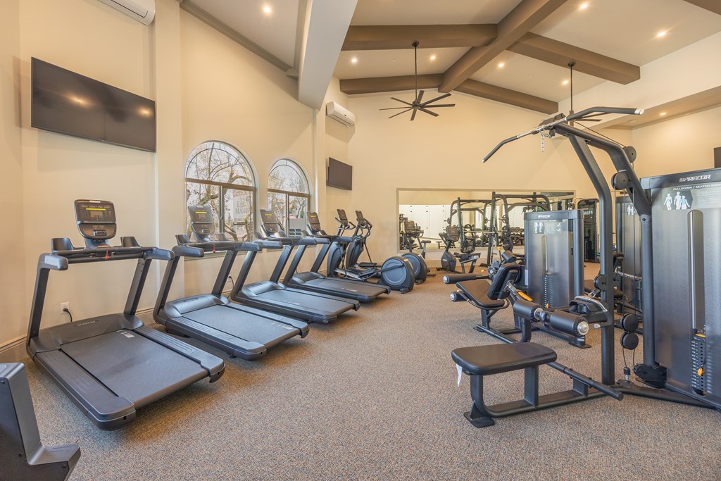 A gym with treadmills, elliptical machines, and a weight rack.