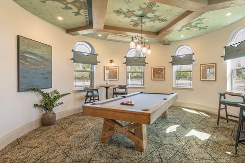 A pool table in a room with a ceiling mural and a potted plant.