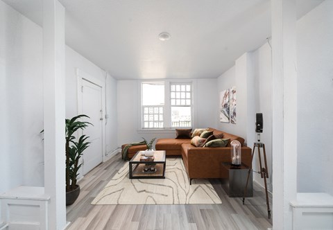 a living room with white walls and a brown couch