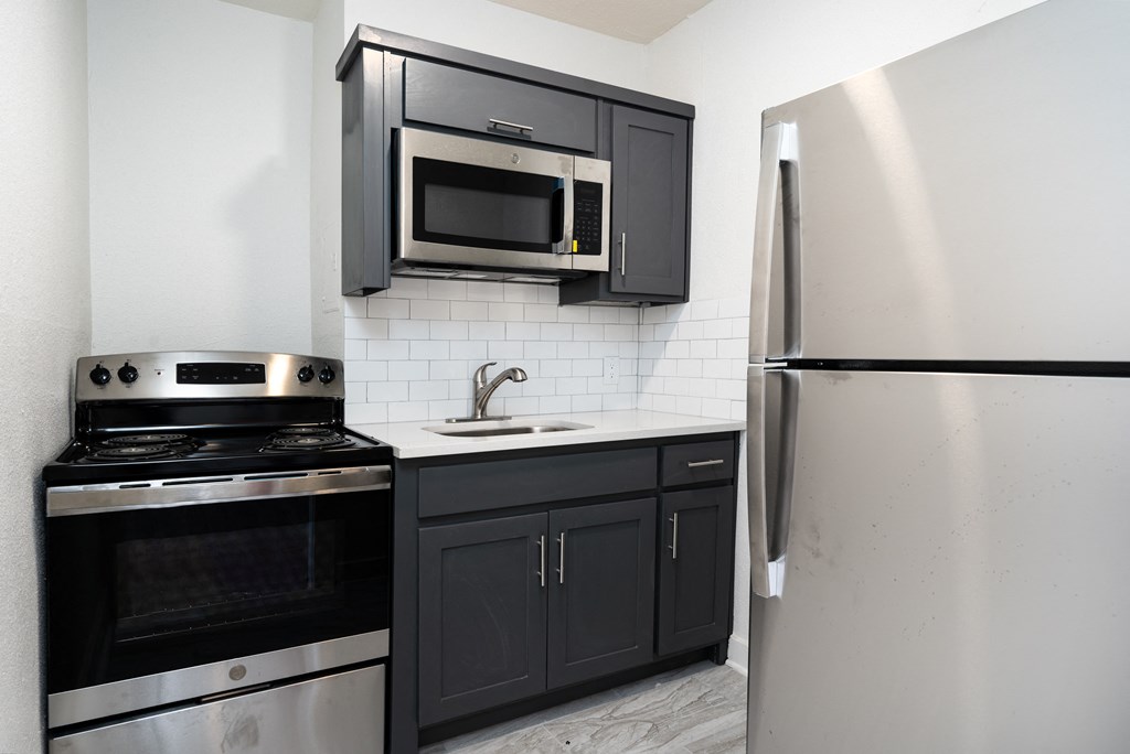 a kitchen with black cabinets and stainless steel appliances and a refrigerator
