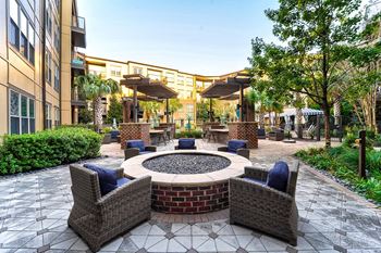 A patio with a fire pit surrounded by chairs and trees.