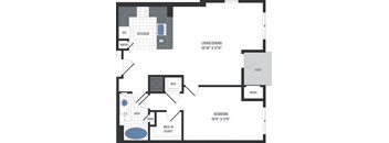 A floor plan of a living space with a kitchen, bathroom, and bedroom.